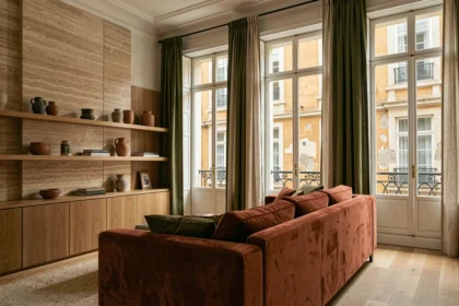 Salon lyonnais design avec identité forte, canapé velours terracotta, étagères en chêne et mur en travertin dans un appartement haussmannien