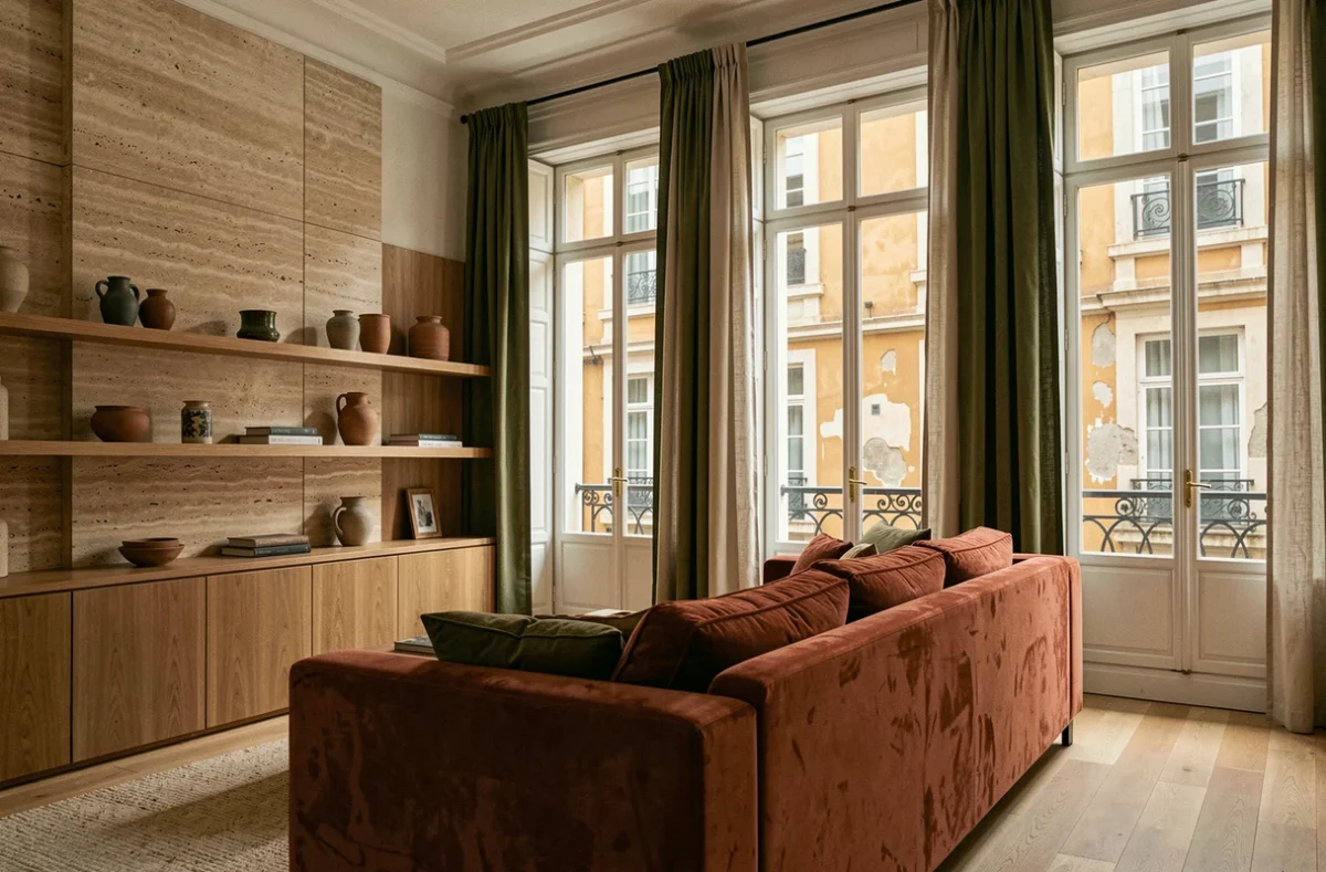 Salon lyonnais design avec identité forte, canapé velours terracotta, étagères en chêne et mur en travertin dans un appartement haussmannien