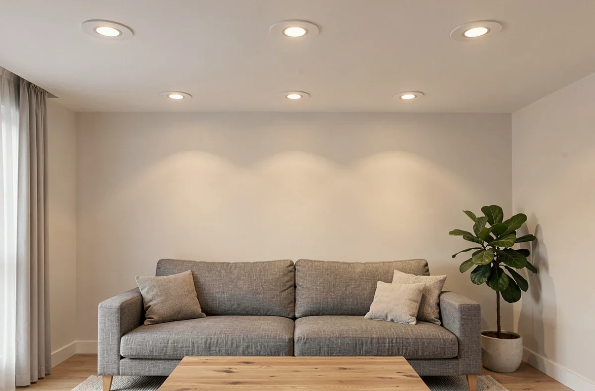 Salon moderne avec quatre spots encastrables GU10 au plafond illuminant un canapé gris et un décor intérieur contemporain