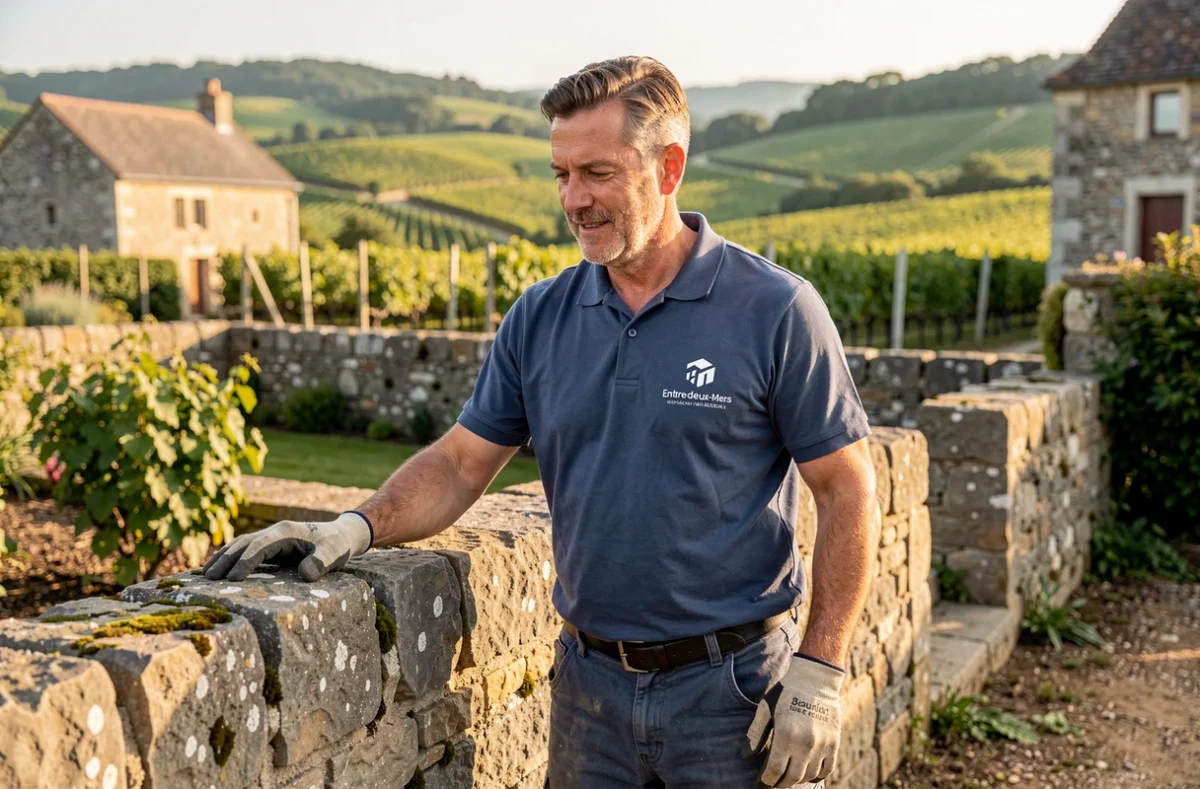 Maçon de SARL Maçonnerie Darracq inspectant un mur en pierre dans le vignoble de l'Entre-deux-Mers