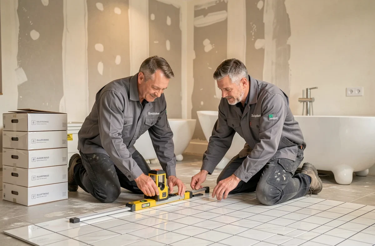 Équipe de Sarl Music installant un niveau laser pour un grand projet de carrelage de salle de bain dans une maison contemporaine française