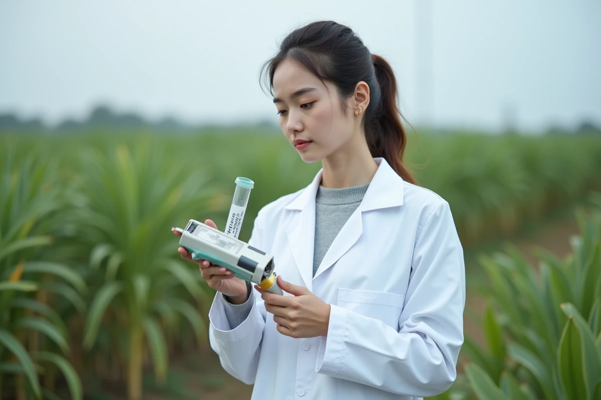 Scientifique environnementale mesurant les émissions de gaz frigorigènes à l'aide d'un détecteur portable en extérieur