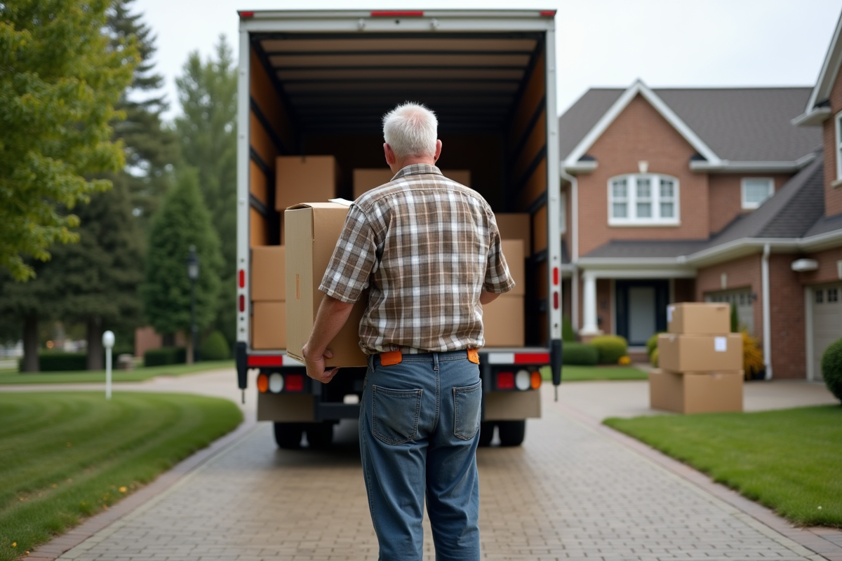 Homme âgé chargeant une boîte dans un camion de déménagement extérieur