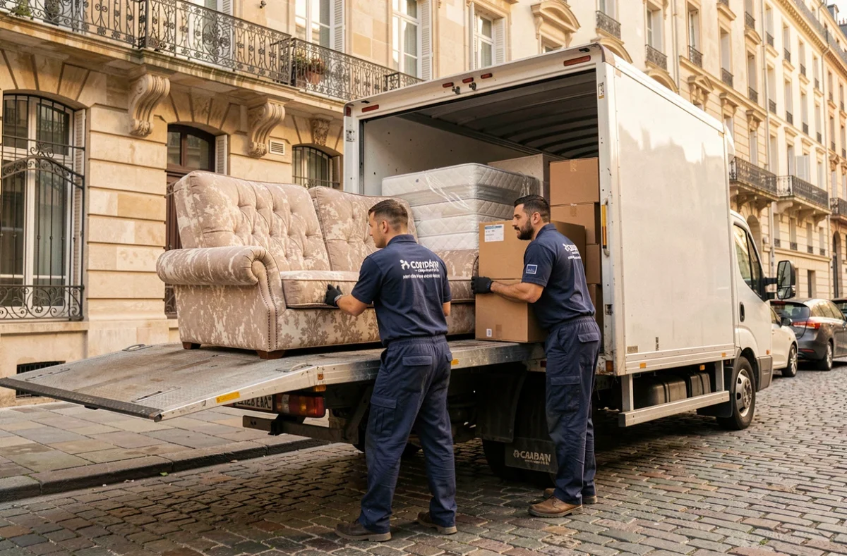 Professionnels d'un service de débarras chargeant des meubles encombrants dans un camion devant un immeuble parisien
