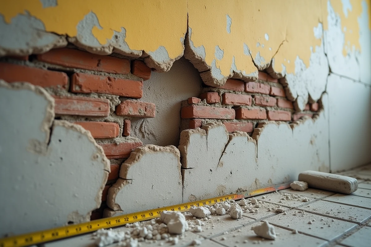 Gros plan sur des fissures et du plâtre effondré révélant des signes d'alerte structurels sur un mur intérieur en démolition