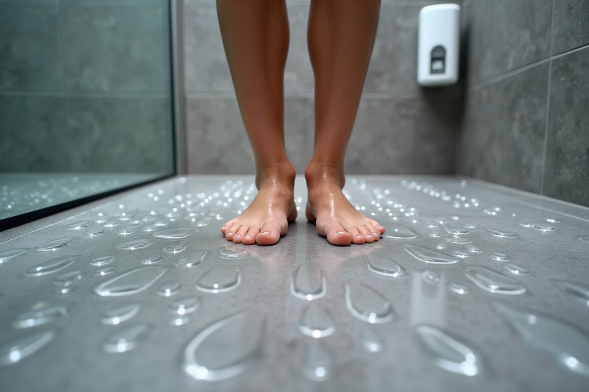 Stickers antiglisse transparents collés sur le sol d'une douche en pierre grise avec pieds adultes debout dessus sous l'eau