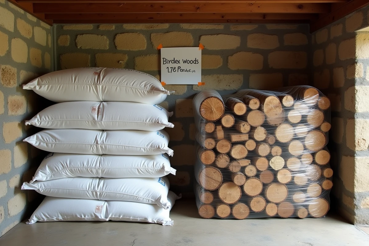Stockage de pellets de bois en sacs et bûches compressées dans une cave de maison française