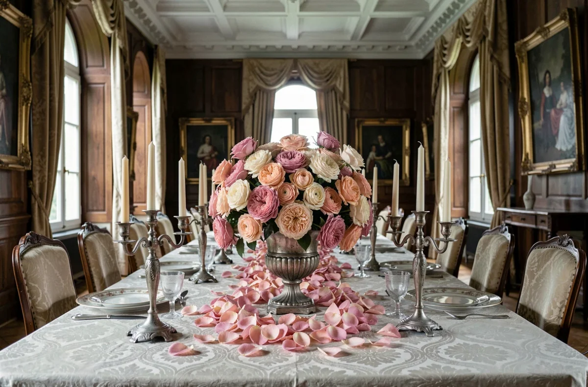 Table de banquet enchanté décorée de roses roses dans une salle de château baroque avec chandeliers antiques