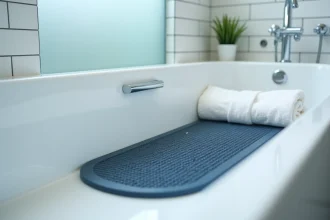 Tapis antidérapant bleu marine posé dans une baignoire blanche avec ventouses visibles et gouttes d'eau sur la surface texturée