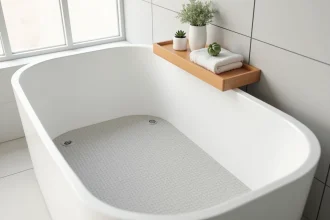 Tapis antidérapant gris texturé installé dans une baignoire blanche moderne avec accessoires en bois