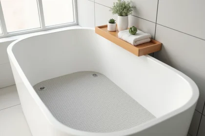 Tapis antidérapant gris texturé installé dans une baignoire blanche moderne avec accessoires en bois