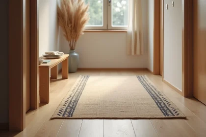 Tapis japonisant en jute avec motifs géométriques indigo dans une entrée moderne en parquet clair