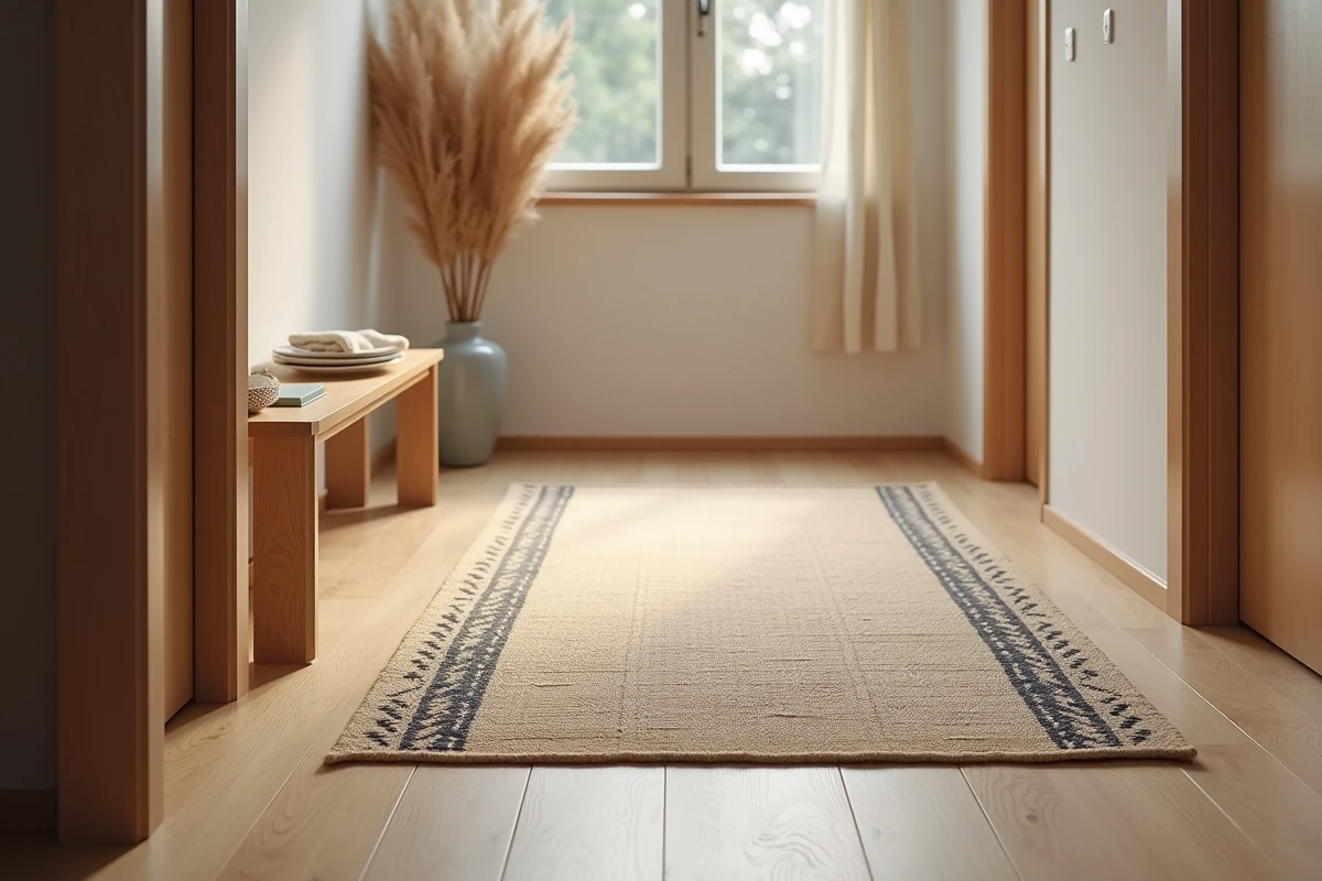Tapis japonisant en jute avec motifs géométriques indigo dans une entrée moderne en parquet clair
