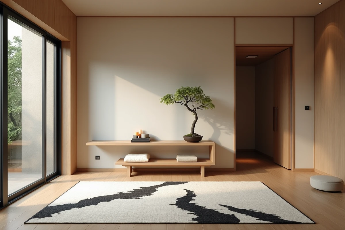 Entrée japonisante avec tapis en laine motifs encre et console en bois hinoki avec bonsaï