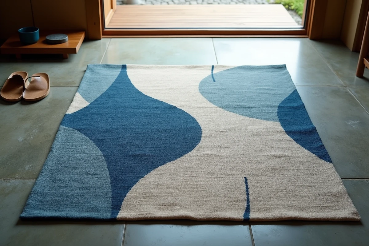 Gros plan sur un tapis à motifs shibori bleu et gris dans une entrée avec sol en béton ciré