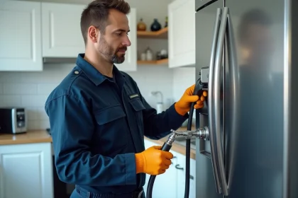 Technicien en réfrigération récupérant un gaz frigorigène d'un réfrigérateur domestique dans une cuisine moderne