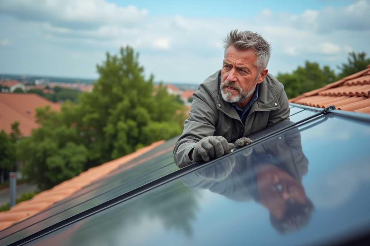 Technicien inspectant panneaux solaires sur toit résidentiel