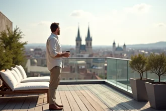Terrasse rooftop moderne avec vue panoramique sur les toits d'une ville européenne