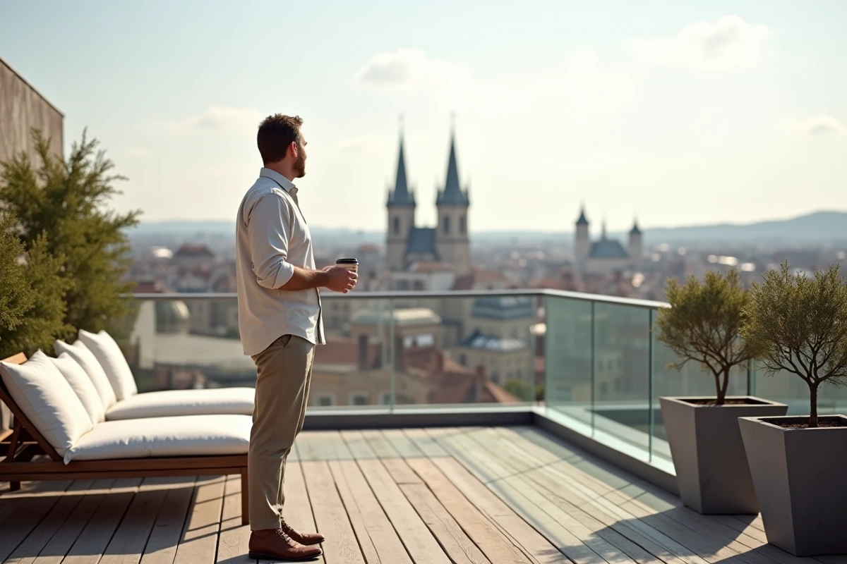 Terrasse rooftop moderne avec vue panoramique sur les toits d'une ville européenne