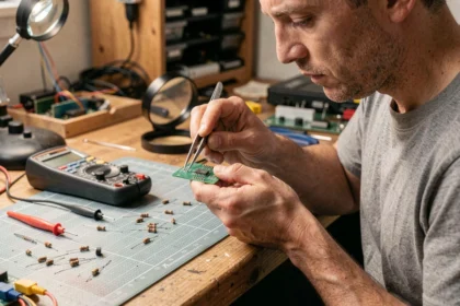 Technicien testant un condensateur CMS minuscule avec des pinces SMD sur un établi électronique encombré