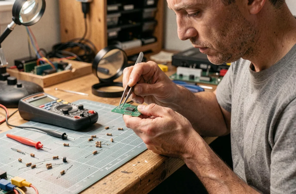 Technicien testant un condensateur CMS minuscule avec des pinces SMD sur un établi électronique encombré