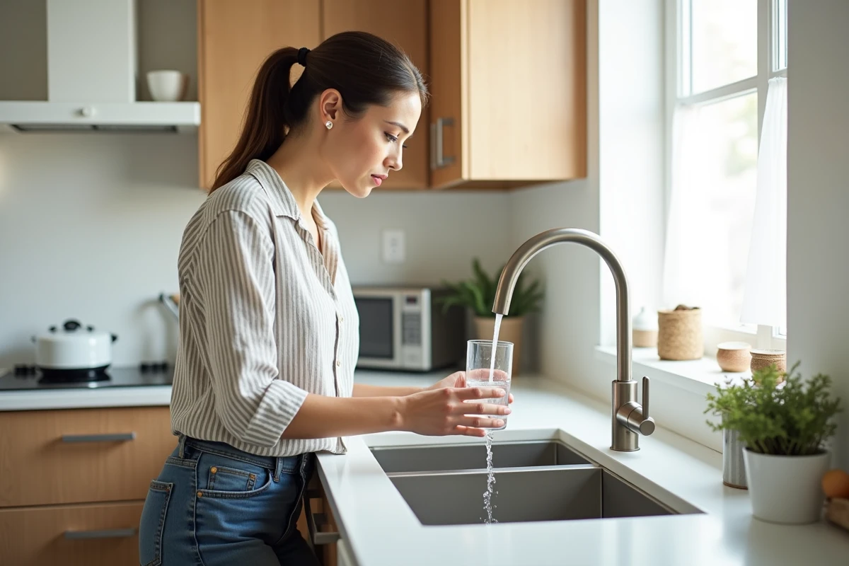 Femme testant la pression d'eau chaude au robinet de cuisine pour vérifier le débit