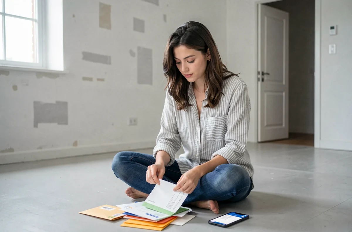 Jeune femme triant son courrier postal avec une application de suivi sur smartphone dans un appartement vide avant un déménagement