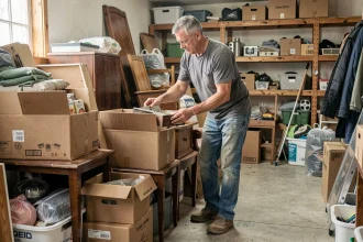 Homme triant des meubles et objets encombrants dans un garage pour choisir entre un service de débarras et la déchetterie
