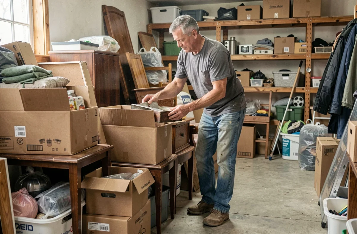 Homme triant des meubles et objets encombrants dans un garage pour choisir entre un service de débarras et la déchetterie