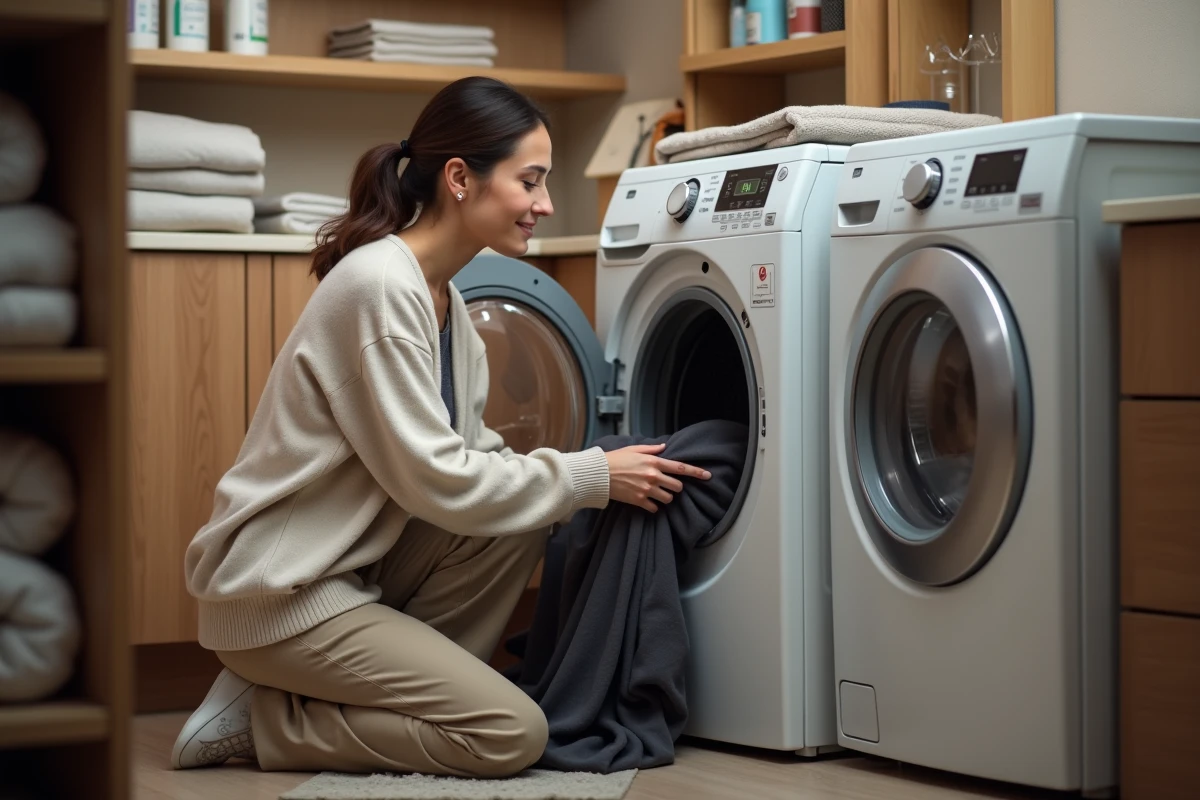 Femme chargeant du linge dans un lave-linge Whirlpool 9kg 6th Sense dans une buanderie organisée
