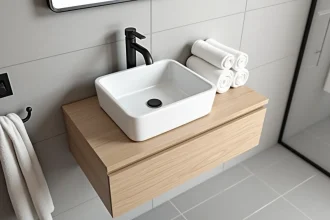 Vasque rectangulaire en céramique blanche sur meuble chêne avec robinet monotrou noir mat dans une salle de bain moderne aux carreaux gris