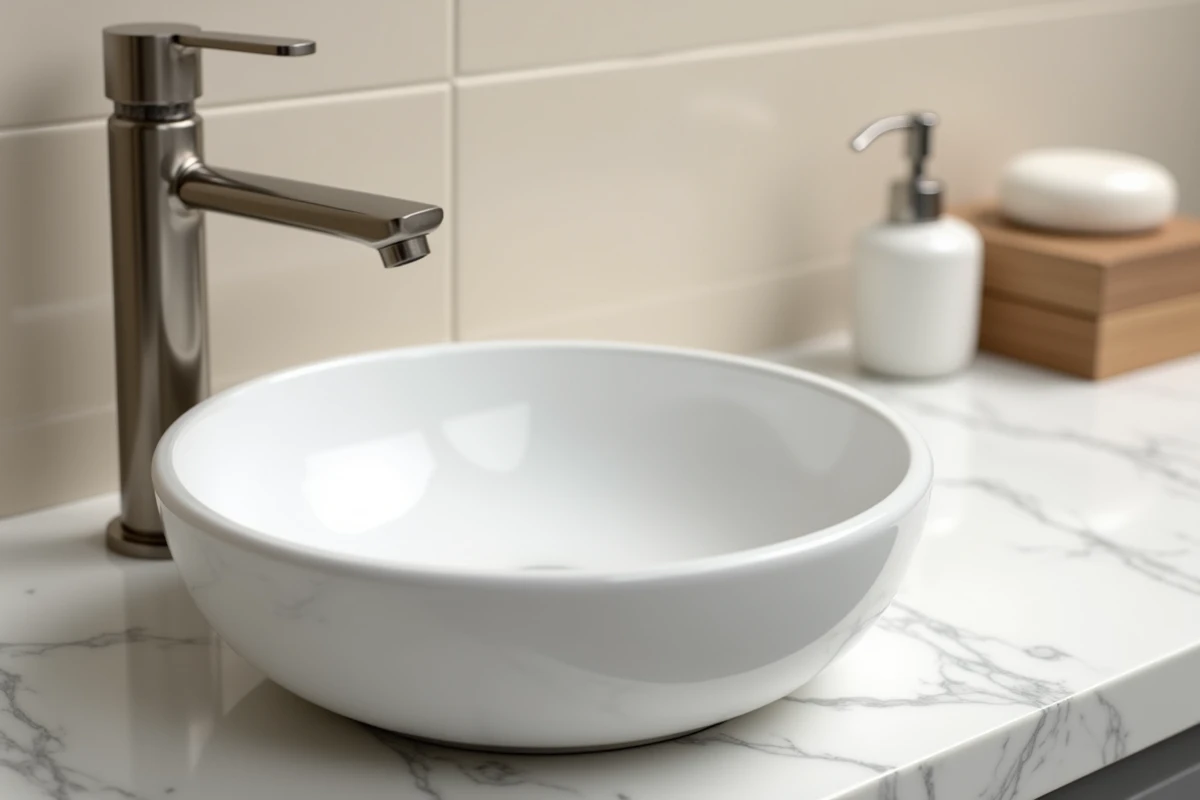Vasque ronde encastrée en porcelaine blanche sur plan en marbre veiné gris avec robinet mélangeur à col haut en nickel brossé