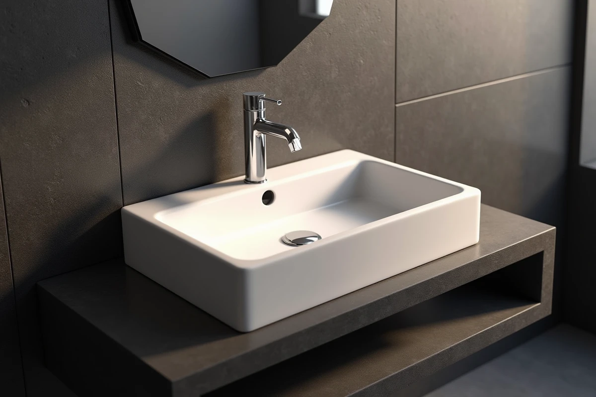 Vasque semi-encastrée rectangulaire en résine blanche montée sur carrelage zellige anthracite avec robinet mural deux trous en chrome poli dans une petite salle de bain