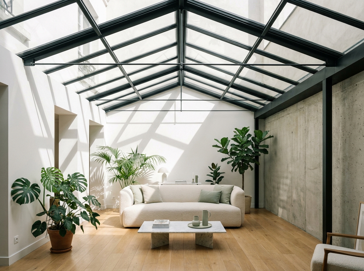 Verrière métallique intégrée dans un salon moderne style parisien avec sol en chêne clair et plantes tropicales